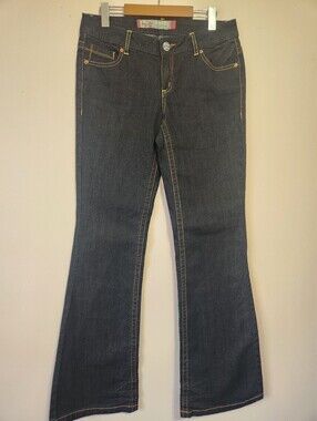 Y2K Foxy Jeans Dark Wash Contrast Stitch Cherry Logo Bootcut Flare Size 11 EUC